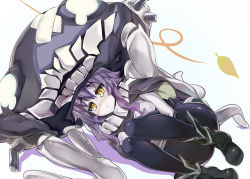 Rule 34 | 10s, 1girl, abyssal ship, ankle boots, bandaid, bodysuit, boots, cape, crying, crying with eyes open, gloves, kantai collection, hugging own legs, long hair, looking at viewer, naha78, pale skin, personification, purple hair, solo, tears, wo-class aircraft carrier, yellow eyes