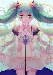Rule 34 | 1girl, black sleeves, blue flower, breasts, character name, choker, closed mouth, commentary request, dress, flower, gloves, green eyes, green hair, grey choker, hair flower, hair ornament, hatsune miku, highres, interlocked fingers, long hair, looking at viewer, microphone, own hands together, pink lips, puffy short sleeves, puffy sleeves, short sleeves, small breasts, solo, sylvia (huajiuhuajiu), thighhighs, translation request, very long hair, vocaloid, white dress, white flower, white gloves, white thighhighs, zettai ryouiki