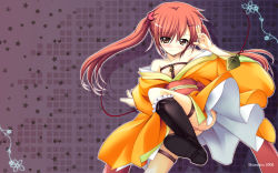 Rule 34 | 1girl, blush, boots, fishnets, highres, japanese clothes, kimono, red hair, shiwo, solo, twintails, wallpaper