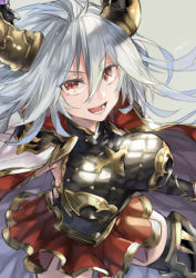Rule 34 | 1girl, black thighhighs, breasts, cape, draph, granblue fantasy, grey background, grey hair, hair between eyes, horns, large breasts, long hair, looking at viewer, maka (morphine), open mouth, red eyes, red skirt, skirt, smile, solo, thighhighs, thighs, threo (granblue fantasy), white cape