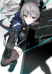 Rule 34 | 1girl, absurdres, arknights, black dress, blue jacket, breasts, brown thighhighs, chuhaibane, closed mouth, dragon girl, dragon horns, dragon tail, dress, foreshortening, gradient background, grey background, grey hair, gun, highres, holding, holding gun, holding shield, holding weapon, horns, jacket, leg up, liskarm (arknights), long hair, looking at viewer, medium breasts, open clothes, open jacket, ponytail, red eyes, riot shield, shield, solo, tail, thighhighs, v-shaped eyebrows, weapon, white background