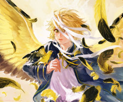 Rule 34 | 1boy, alternate costume, animal, animal on arm, bad id, bad pixiv id, bandage over one eye, bandages, bird, bird on arm, blonde hair, capelet, closed mouth, feathered wings, feathers, hair between eyes, jacket, james (vocaloid), long sleeves, looking at viewer, male focus, messy hair, no headwear, oliver (vocaloid), one eye covered, red lips, shirt, solo, upper body, vocaloid, white shirt, wings, yamakawa umi, yellow eyes, yellow wings