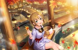 Rule 34 | 1girl, artist request, ashiyu, autumn leaves, bath yukata, bench, blush, bracelet, brown hair, bucket, collarbone, feet out of frame, game cg, grey eyes, hair ornament, hairclip, headphones, headphones around neck, holding, holding leaf, idolmaster, idolmaster cinderella girls, idolmaster cinderella girls starlight stage, japanese clothes, jewelry, kimono, lamppost, leaf, legs, long sleeves, looking at viewer, official art, onsen, open mouth, short hair, sidelocks, sitting, slippers, smile, soaking feet, solo, steam, stone floor, swept bangs, tada riina, towel, tree, water, wooden bridge, wooden bucket, yukata