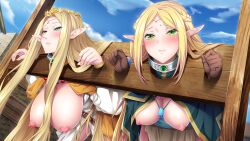 Rule 34 | 2girls, bent over, blonde hair, blush, breasts, breasts out, cloud, collar, day, elf, elfen king, elsa (elfen king), embarrassed, emilia (elfen king), female focus, game cg, gloves, green eyes, hanging breasts, hikage eiji, huracan, large breasts, legs, long hair, looking at viewer, lune (company), multiple girls, nana g, nipples, original, outdoors, pillory, pointy ears, public indecency, restrained, sky, thighs