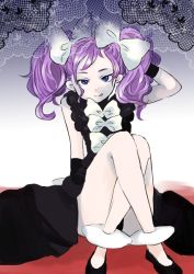 Rule 34 | 10s, 1girl, bow, creatures (company), dress, female focus, game freak, gen 5 pokemon, gothic lolita, gothitelle, gradient background, hair bow, image sample, licking, lolita fashion, nintendo, personification, pixiv sample, pokemon, pokemon bw, purple eyes, purple hair, resized, sitting, solo, twintails
