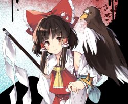 Rule 34 | 1girl, animal, animal on arm, ascot, bare shoulders, bird, bird on arm, bow, brown hair, closed mouth, collared shirt, commentary request, detached sleeves, frilled bow, frilled shirt collar, frills, gohei, hair bow, hair tubes, hakurei reimu, highres, kizitora hato, medium hair, nontraditional miko, paw print, red bow, red eyes, red shirt, red skirt, ribbon-trimmed sleeves, ribbon trim, sarashi, shirt, sidelocks, skirt, skirt set, sleeveless, sleeveless shirt, smile, solo, touhou, upper body, yellow ascot