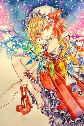 Rule 34 | 1girl, bare legs, bare shoulders, barefoot, blonde hair, bow, chaka3464, crystal, dress, feet, flandre scarlet, foot out of frame, frilled dress, frilled wristband, frills, from side, hand up, hat, hat bow, head tilt, high heels, holding, holding shoes, invisible chair, knee up, legs, long hair, looking at viewer, making-of available, mob cap, open mouth, orange bow, orange dress, red dress, red footwear, shoes, sitting, solo, toenails, toes, touhou, traditional media, unworn shoes, white hat, wings, wrist cuffs, yellow eyes