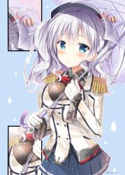 Rule 34 | 10s, 1girl, beret, blue eyes, blush, bra, breasts, buttons, epaulettes, frilled sleeves, frills, gloves, hat, jacket, kantai collection, kashima (kancolle), kerchief, large breasts, looking at viewer, military, military uniform, multiple views, pleated skirt, see-through, sidelocks, silver hair, skirt, sousouman, tsurime, twintails, umbrella, underwear, uniform, wavy hair, wet, wet clothes, white bra, white gloves