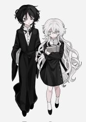 Rule 34 | 1boy, 1girl, black dress, black footwear, black hair, black sclera, book, charlotte wiltshire, cloak, colored sclera, dress, formal, frei (hello charlotte), full body, grey eyes, hello charlotte, highres, holding, holding book, long hair, long sleeves, looking at another, sesam344, shirt, short hair with long locks, socks, wavy hair, white cloak, white eyes, white hair, white shirt, white socks
