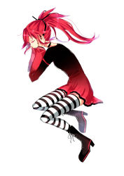 Rule 34 | boots, closed eyes, cul, dress, headphones, highres, image sample, long hair, pixiv sample, ponytail, red hair, resized, simple background, solo, striped clothes, striped legwear, striped thighhighs, thighhighs, vient, vocaloid