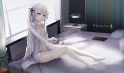 Rule 34 | 1girl, absolute duo, backlighting, bed, bedroom, black ribbon, closed mouth, commentary request, copyright name, cup, curtains, day, desk, expressionless, hair ribbon, head tilt, highres, holding, holding cup, indoors, ipad, knee up, lamp, long hair, looking at viewer, naked shirt, navel, no shoes, on bed, open clothes, open shirt, pillow, red eyes, revision, ribbon, shirt, sidelocks, silver hair, sitting, solo, tablet pc, tea, teacup, thighhighs, two side up, wangchuan de quanyan, white shirt, white thighhighs, window, yurie sigtuna