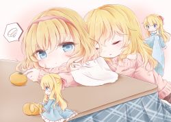 Rule 34 | 2girls, absurdres, alice margatroid, alternate costume, arms on table, blanket, blonde hair, blue dress, blue eyes, blush, braid, chibi, commentary request, covering with blanket, crossed arms, dress, food, fruit, gradient background, hairband, highres, index finger raised, jewelry, kirisame marisa, kotatsu, leaning on object, leaning on person, long hair, long sleeves, looking at viewer, mandarin orange, medium hair, multiple girls, pink background, pink sweater, puppet rings, ring, shanghai doll, short hair, single braid, sleeping, speech bubble, spoken squiggle, squiggle, sweater, table, touhou, yume suzu (yumeri)