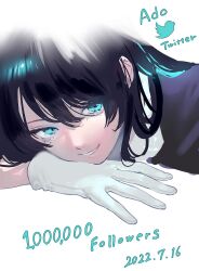 Rule 34 | 1girl, ado (utaite), adochansukisuki, black hair, blue eyes, blue hair, chando (ado), cloud nine inc, colored inner hair, commentary, dated, gloves, hair between eyes, highres, long hair, looking at viewer, lying, mole, mole under eye, multicolored hair, on stomach, parted lips, simple background, solo, twitter, two-tone hair, utaite, white background, white gloves