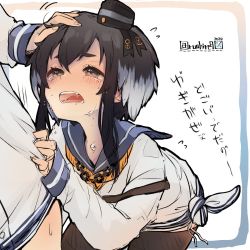 Rule 34 | 2girls, anchor symbol, artist name, black hair, black legwear, blush, brown eyes, crying, crying with eyes open, dated, flying sweatdrops, hair between eyes, kantai collection, long hair, lowleg, lowleg pantyhose, multiple girls, neckerchief, one-hour drawing challenge, open mouth, pantyhose, ruohire9, short hair with long locks, signature, solo focus, tears, tokitsukaze (kancolle), translation request, yellow neckerchief, yukikaze (kancolle)