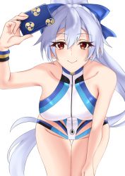 Rule 34 | 1girl, blue bow, blue one-piece swimsuit, blush, bow, breasts, competition swimsuit, crimecrime, fate/grand order, fate (series), hair between eyes, hair bow, highleg, highleg swimsuit, large breasts, leaning forward, long hair, looking at viewer, one-piece swimsuit, ponytail, red eyes, silver hair, simple background, smile, swimsuit, thighs, tomoe gozen (fate), tomoe gozen (swimsuit saber) (fate), tomoe gozen (swimsuit saber) (first ascension) (fate), two-tone swimsuit, white background, white one-piece swimsuit