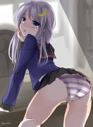 Rule 34 | 10s, 1girl, absurdres, ass, blue eyes, blush, crescent, crescent hair ornament, from behind, hair ornament, highres, kantai collection, long hair, looking at viewer, mono (sunegey), panties, school uniform, serafuku, solo, striped clothes, striped panties, thighs, twitter username, underwear, yayoi (kancolle)