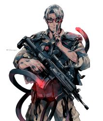 Rule 34 | 1boy, apex legends, arurandeisu, bad id, bad pixiv id, facial hair, glasses, goatee, grey hair, gun, highres, holding, holostars, hotate rayan, looking at viewer, male focus, open mouth, short hair, smile, solo, virtual youtuber, weapon
