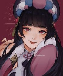 Rule 34 | 1girl, artist name, black hair, blunt bangs, bonnet, capelet, closed mouth, commentary, english commentary, fur-trimmed capelet, fur trim, genshin impact, hat, highres, holding, holding hair, lips, lipstick, lolita fashion, long hair, looking at viewer, makeup, nokkusuart, pink capelet, portrait, qi lolita, red eyes, simple background, solo, twitter username, yun jin (genshin impact)