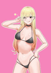 Rule 34 | 1girl, :q, absurdres, bikini, black bikini, blonde hair, breasts, choker, hand on own hip, highres, kitagawa marin, long hair, looking at viewer, medium breasts, navel, pink background, red eyes, simple background, smile, solo, sono bisque doll wa koi wo suru, swimsuit, tantanmen72, tongue, tongue out, v, white background