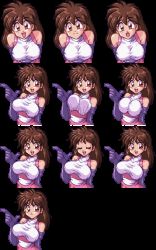 Rule 34 | 1girl, breasts, brown eyes, brown hair, character sheet, hissatsu pachinko collection, large breasts, official art, pixel art