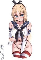 Rule 34 | 1girl, black hairband, black neckerchief, black panties, blonde hair, blue eyes, blue sailor collar, breasts, cosplay, covering crotch, covering privates, cowboy shot, crop top, cropped legs, elbow gloves, gloves, hairband, highleg, highleg panties, highres, kantai collection, large breasts, long hair, looking at viewer, miniskirt, neckerchief, nelson (kancolle), one-hour drawing challenge, panties, parted lips, sailor collar, shimakaze (kancolle), shimakaze (kancolle) (cosplay), shirt, skirt, sleeveless, sleeveless shirt, solo, striped clothes, striped thighhighs, tf cafe, thighhighs, underwear, white gloves