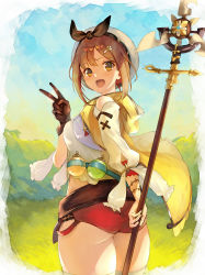 Rule 34 | 1girl, :d, ass, atelier (series), atelier ryza, atelier ryza 1, blue sky, blush, breasts, brown eyes, brown gloves, brown hair, clothing cutout, commentary request, flask, gloves, hair ornament, hairclip, hand up, highres, jazztaki, jewelry, leather, leather gloves, light blush, looking at viewer, looking back, medium breasts, midriff, necklace, open mouth, outdoors, plump, red shorts, reisalin stout, round-bottom flask, short shorts, shorts, shoulder cutout, sidelocks, single bare shoulder, single glove, skindentation, sky, smile, solo, staff, standing, thick thighs, thighhighs, thighs, twisted torso, v, white thighhighs, wide hips