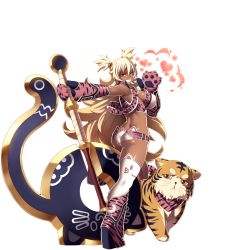 Rule 34 | 1girl, amanda (sennen sensou aigis), animal, animal print, ass, awakening (sennen sensou aigis), back, bare shoulders, blonde hair, boots, breasts, butt crack, cat ear panties, cat lingerie, clenched teeth, dark skin, full body, grin, heart, highres, holding, jacket, large breasts, legs, long hair, looking at viewer, looking back, one eye closed, orange eyes, oversized object, paw gloves, sennen sensou aigis, shorts, sideboob, smile, standing, tasaka shinnosuke, teeth, thigh boots, thighhighs, thighs, tiger, tiger print, transparent background, two side up, very long hair, wavy hair, weapon, white background, wink, yellow eyes