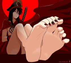 Rule 34 | 1girl, absurdres, artist logo, barefoot, black hair, black hat, black ribbon, breasts, cape, closed mouth, commentary, english commentary, english text, fate/grand order, fate (series), feet, foot focus, foreshortening, hair between eyes, hat, highres, katana, knees up, legs, legs together, long hair, looking at viewer, military hat, mohoshadream, nail polish, nipples, no shirt, oda nobunaga (fate), peaked cap, red background, red cape, red eyes, red hat, red nails, ribbon, sheath, sheathed, sidelocks, small breasts, soles, solo, spread toes, sword, thighs, toe scrunch, toenail polish, toenails, toes, two-tone headwear, weapon