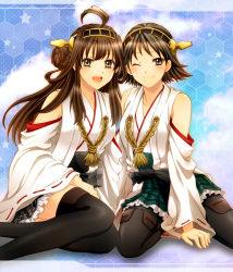 Rule 34 | 10s, 2girls, ahoge, black eyes, boots, braid, brown eyes, brown hair, detached sleeves, hairband, hiei (kancolle), highres, japanese clothes, kantai collection, karuta410, kongou (kancolle), multiple girls, nontraditional miko, one eye closed, open mouth, pantyhose, personification, siblings, sisters, sitting, smile, thigh boots, thighhighs, wink
