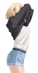 Rule 34 | 1girl, arms up, belt, black belt, black sweater, blonde hair, blue shorts, breasts, covered eyes, cowboy shot, denim, denim shorts, from side, long sleeves, mattaku mousuke, medium breasts, original, profile, shirt, shirt tucked in, short hair, short shorts, shorts, simple background, solo, standing, sweater, twintails, undressing, white background, white shirt