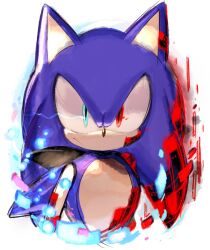 Rule 34 | 1boy, animal nose, blue eyes, furry, furry male, heterochromia, highres, looking at viewer, male focus, red eyes, serious, sideways mouth, simple background, solo, sonic (series), sonic frontiers, sonic the hedgehog, upper body, usa37107692, white background