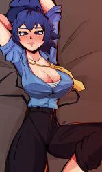 Rule 34 | 1girl, aidan core, alternate breast size, blue hair, blue hat, blue shirt, blush, breasts, cleavage, collared shirt, hair between eyes, hat, high-waist pants, highres, large breasts, looking at viewer, necktie, official alternate costume, pants, persona, persona 4, shiny skin, shirogane naoto, shirt, shirt tucked in, simple background, smile, solo, yellow necktie
