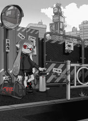 Rule 34 | 1girl, :&gt;, against wall, bag, bike shorts, blunt bangs, city, closed mouth, cloud, cloudy sky, commentary, day, duffel bag, greyscale, highres, inkling, inkling girl, inkling player character, long arms, long hair, long sleeves, looking at viewer, monochrome, nintendo, outdoors, pointy ears, red eyes, reflection, road, shoes, sidewalk, single vertical stripe, sky, sneakers, solo, splatoon (series), splatoon 2, spot color, standing, standing on one leg, street, sweater, tarou2, tentacle hair, thick eyebrows, traffic mirror, very long hair