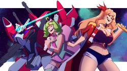 Rule 34 | 2girls, ^ ^, blonde hair, blue shorts, breasts, closed eyes, cosmikaizer, cropped jacket, green hair, green shirt, hand on own chest, highres, holding, holding microphone, jacket, large breasts, long hair, macross, macross frontier, macross frontier: sayonara no tsubasa, mecha, microphone, midriff, multiple girls, music, navel, purple skirt, ranka lee, red jacket, robot, sheryl nome, shirt, short hair, short shorts, shorts, singing, sketch, skirt, sleeveless, sleeveless shirt, smile, variable fighter, yf-29
