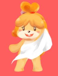 Rule 34 | 1girl, animal crossing, artist request, black eyes, blonde hair, blush, dog, female focus, full body, furry, furry female, isabelle (animal crossing), long hair, nintendo, open mouth, ponytail, shizue, simple background, smile, solo, towel