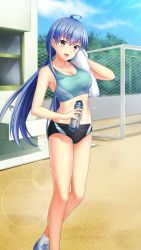 Rule 34 | 1girl, :d, ahoge, black buruma, blue bra, blue hair, bottle, bra, breasts, buruma, cleavage, collarbone, day, doukyuusei another world, game cg, hair between eyes, holding, holding bottle, holding towel, kakyuusei 2, large breasts, lens flare, long hair, low twintails, official art, open mouth, outdoors, red eyes, sideboob, smile, socks, solo, sports bra, standing, takatoo nanase, towel, track and field, twintails, underwear, very long hair, white socks, white towel