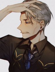 Rule 34 | 1boy, albino (a1b1n0623), bad id, bad pixiv id, blue eyes, blue necktie, collared shirt, facial hair, fate/grand order, fate (series), formal, grey hair, hand in own hair, highres, james moriarty (archer) (fate), long sleeves, looking to the side, male focus, mustache, necktie, shirt, simple background, smile, solo, star (symbol), upper body, vest