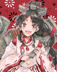 Rule 34 | 1girl, black hair, brown eyes, folded fan, cowboy shot, floral background, folding fan, hair tie, hand fan, high ponytail, itomugi-kun, japanese clothes, kantai collection, kariginu, long hair, long sleeves, looking at viewer, miko, multi-tied hair, nisshin (kancolle), open mouth, red background, red ribbon, ribbon, short eyebrows, smile, solo, teeth, thick eyebrows, very long hair, wide sleeves