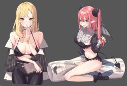 Rule 34 | 1girl, bare shoulders, black bra, black horns, black pants, blonde hair, book, bra, bracelet, breasts, chen yang yang, cleavage, closed mouth, collarbone, commentary, cosplay, dakimakura (object), demon horns, demon tail, demon wings, english commentary, finger to mouth, full body, gojou wakana, green eyes, grey background, highres, holding, holding book, horns, jewelry, kitagawa marin, large breasts, legs, long hair, looking at viewer, mixed-language commentary, multiple views, pants, pillow, pink hair, pointy ears, red eyes, rizu-kyun, rizu-kyun (cosplay), simple background, sitting, smile, socks, sono bisque doll wa koi wo suru, tail, underwear, wariza, wings