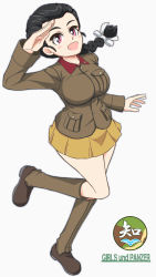 Rule 34 | 1girl, black hair, boots, braid, braided ponytail, brown footwear, brown jacket, chi-hatan (emblem), chi-hatan military uniform, commentary, emblem, enoya-eno, full body, girls und panzer, hair ribbon, highres, jacket, knee boots, leg up, long hair, long sleeves, looking at viewer, military, military uniform, miniskirt, open mouth, pleated skirt, purple eyes, ribbon, salute, simple background, single braid, skirt, smile, solo, standing, standing on one leg, tamada tamaki, uniform, white background, white ribbon, yellow skirt