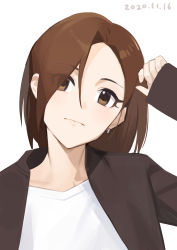Rule 34 | 1girl, absurdres, blush, brown eyes, brown hair, brown jacket, closed mouth, dated, earrings, eyes visible through hair, head tilt, highres, idolmaster, idolmaster cinderella girls, jacket, jewelry, long sleeves, looking at viewer, mizuki seira, onao, open clothes, open jacket, shirt, short hair, simple background, sleeves past wrists, solo, upper body, white background, white shirt