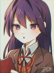 Rule 34 | 1girl, :o, ap51, artist name, blazer, blush, book, brown jacket, brown sweater vest, close-up, commentary, doki doki literature club, dress shirt, hair between eyes, hair ornament, hairclip, holding, holding book, jacket, long hair, looking away, neck ribbon, parted lips, portrait, purple eyes, purple hair, reading, red ribbon, ribbon, shirt, signature, solo, sweater vest, white shirt, yuri (doki doki literature club)