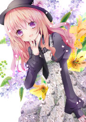 Rule 34 | 1girl, :d, animal print, bad id, bad pixiv id, butterfly print, dress, flower, hand on own face, hat, hat flower, juliet sleeves, long hair, long sleeves, looking at viewer, nanase nao, necktie, open mouth, original, petals, pink hair, puffy sleeves, purple eyes, shirt, smile, solo, white dress