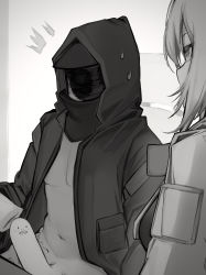 Rule 34 | 1boy, 1girl, ^^^, absurdres, arknights, artificial vagina, breasts, caught, coat, erection, greyscale, highres, hood, hood up, hooded coat, looking at another, male focus, male masturbation, mask, masturbation, medium breasts, monochrome, navel, nian (arknights), open clothes, open coat, penis, sex toy, sitting, tab head