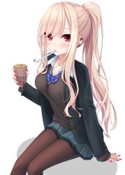 Rule 34 | 1girl, arm support, black jacket, black sweater, blazer, blonde hair, blush, breasts, brown pantyhose, bubble tea, cleavage, collarbone, collared shirt, commentary request, cup, disposable cup, drinking straw, ear piercing, feet out of frame, fingernails, grey skirt, hair over one eye, highres, holding, holding cup, jacket, long hair, long sleeves, looking at viewer, medium breasts, mouth hold, nail polish, open clothes, open jacket, original, pantyhose, piercing, pleated skirt, ponytail, red eyes, red nails, school uniform, shadow, shirt, sitting, skirt, sleeves past wrists, solo, sweater, very long hair, white background, white shirt, yoye (pastel white)