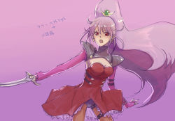 Rule 34 | 1girl, armor, atwight eks, breasts, earrings, frills, gloves, jewelry, leotard, long hair, open mouth, pantyhose, ponytail, purple hair, red eyes, skirt, sword, tales of (series), tales of destiny, weapon