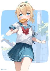 Rule 34 | absurdres, bag, blonde hair, blue eyes, blush, bow, bread slice, charm (object), day, food, food in mouth, hair ornament, hana mori, highres, holding, hololive, kazama iroha, long hair, mouth hold, outdoors, page number, pleated skirt, ponytail, scan, school bag, school uniform, serafuku, short sleeves, simple background, skirt, sweat, sweatdrop, toast, toast in mouth, virtual youtuber, watch, wristwatch