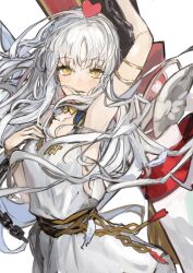 Rule 34 | 1girl, arm up, bracelet, caren hortensia, caren hortensia (amor caren), caren hortensia (amor caren) (first ascension), chain, dress, fate/grand order, fate (series), hand on own chest, heart, highres, jewelry, long hair, white dress, white hair, yellow eyes, yorurokujuu
