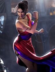 1girl absurdres alternate_costume artist_name bracelet brown_hair cable dress gold_bracelet highres holding holding_cable jewelry lara_croft lito_perezito long_dress necklace purple_dress red_dress side_slit sleeveless sleeveless_dress solo tomb_raider two-tone_dress