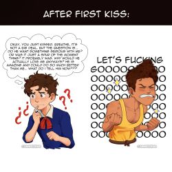 Rule 34 | 2angelisimo, 2boys, ?, ??, after first kiss (meme), alberto scorfano, bara, black hair, blue shirt, clenched hands, closed mouth, collared shirt, dark-skinned male, dark skin, english text, highres, large pectorals, luca (pixar), luca paguro, male focus, meme, multiple boys, muscular, muscular male, pectorals, shirt, short hair, tank top, twitter username, yellow tank top